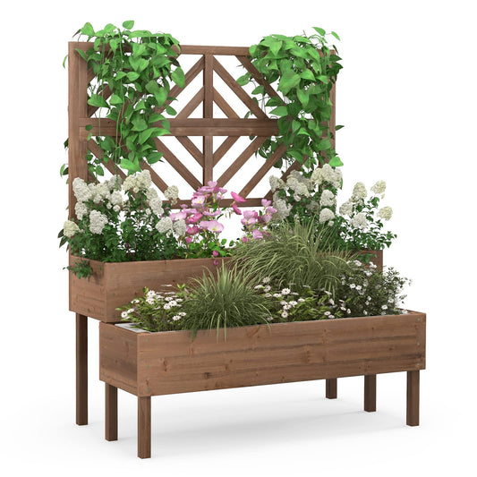 2-Tier Wooden Raised Garden Bed with Trellis and Drainage Holes