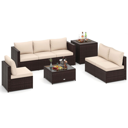 8 PCS Garden Rattan Corner Patio Conversation Sofa Set with Tempered Glass Coffee Table
