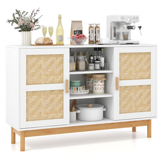 120 CM Sideboard Buffet Cabinet with 2 Bamboo Woven Doors and 3 Open Shelves