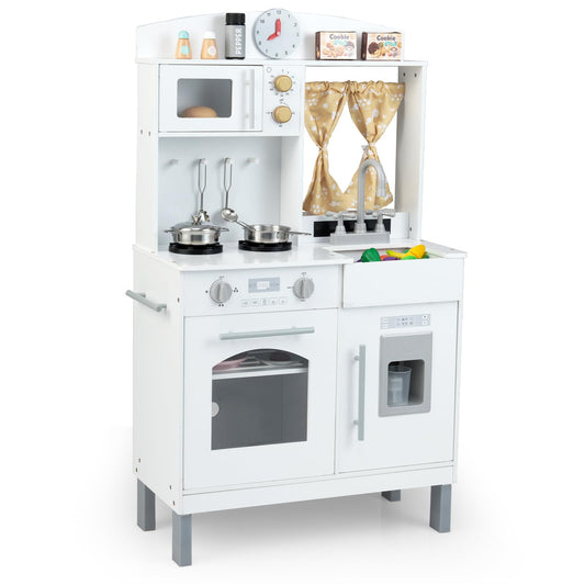 Wooden Play Kitchen for Kids with 3 Adjustable Heights with Stoves and Ice Maker