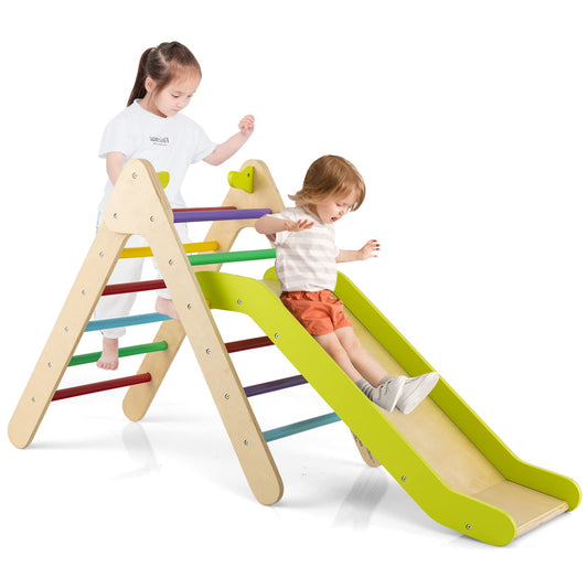 2 in 1 Wooden Triangle Climbing Toy with Gradient Adjustable Slide