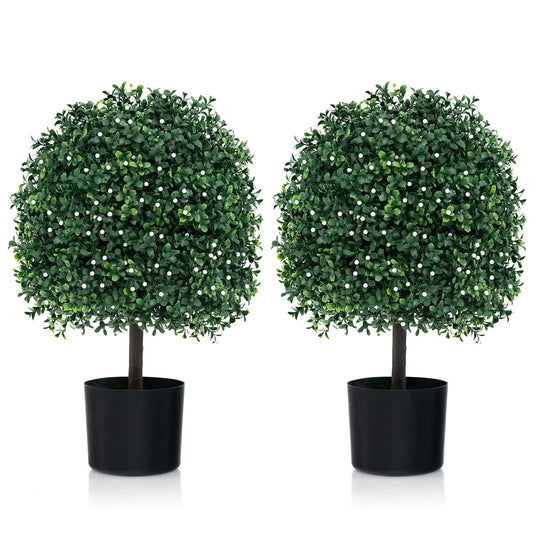 2 Piece Artificial Boxwood Topiary Ball Tree with UV Rated Leaves and 343 White Fruits