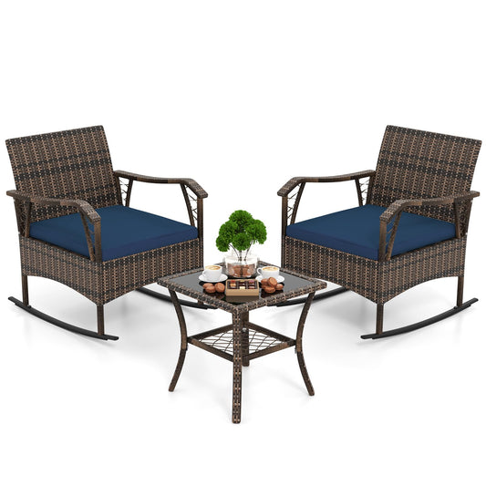 3 PCS PE Rattan Garden Rocking Bistro Set with Tempered Glass Coffee Table