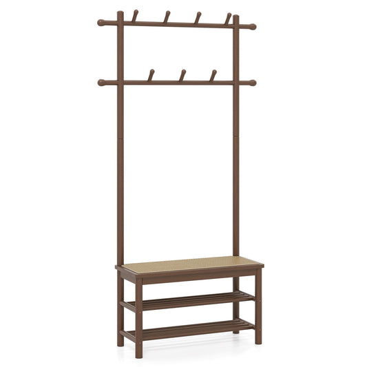 Bamboo Coat Rack PE Rattan Hall Tree with Bench and Shoe Storage