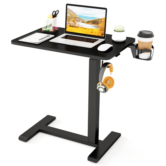Height Adjustable Overbed Bedside Table with Cup Holder and Headphone Hook