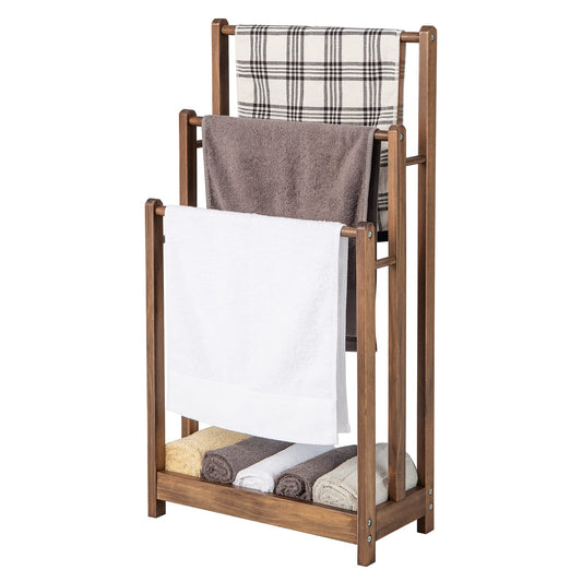 Solid Wood Towel Holder Drying Stand with 3 Towel Rails and Storage Shelf