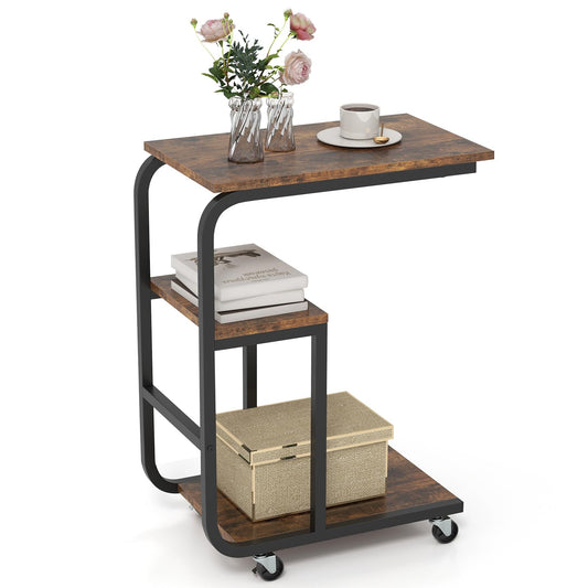 C shaped End Table Space-saving Couch Table with Shelves