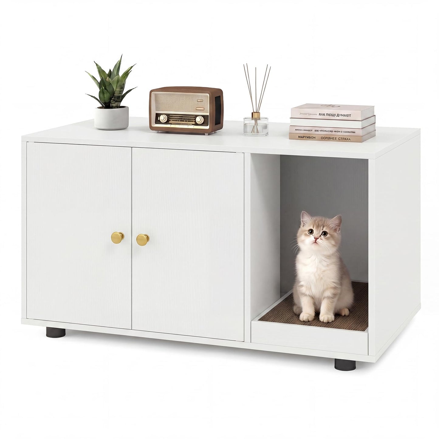 Wooden Cat Litter Box Enclosure Hidden Litter Box Furniture with Scratching Board