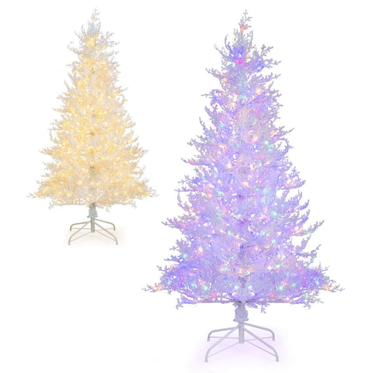 180cm Pre-lit Christmas Tree, Hinged Artificial Xmas Tree with 383 Snow Flocked Branch Tips