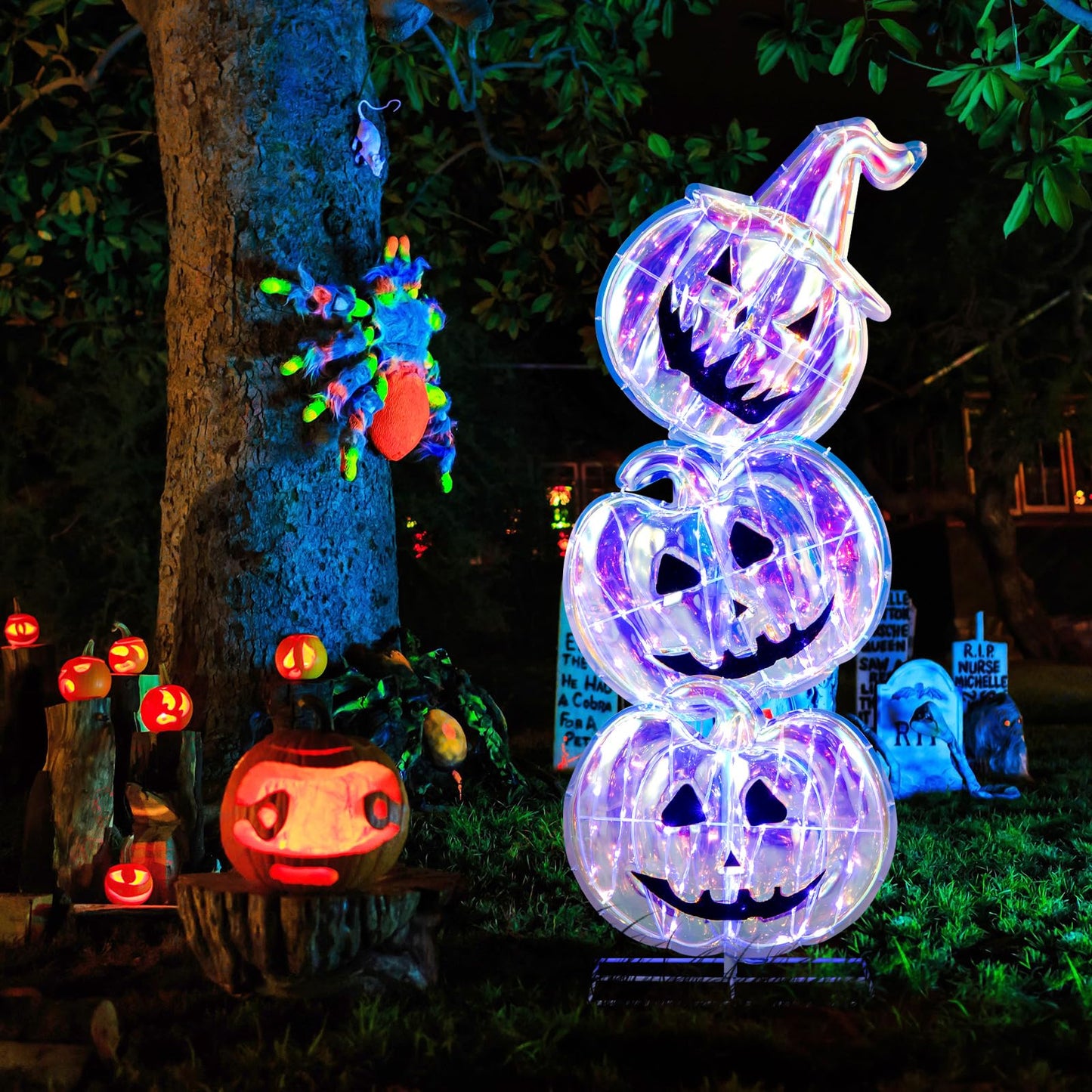 3.4 Ft Light up Stacked Pumpkins Halloween Decorations for Porch and Party