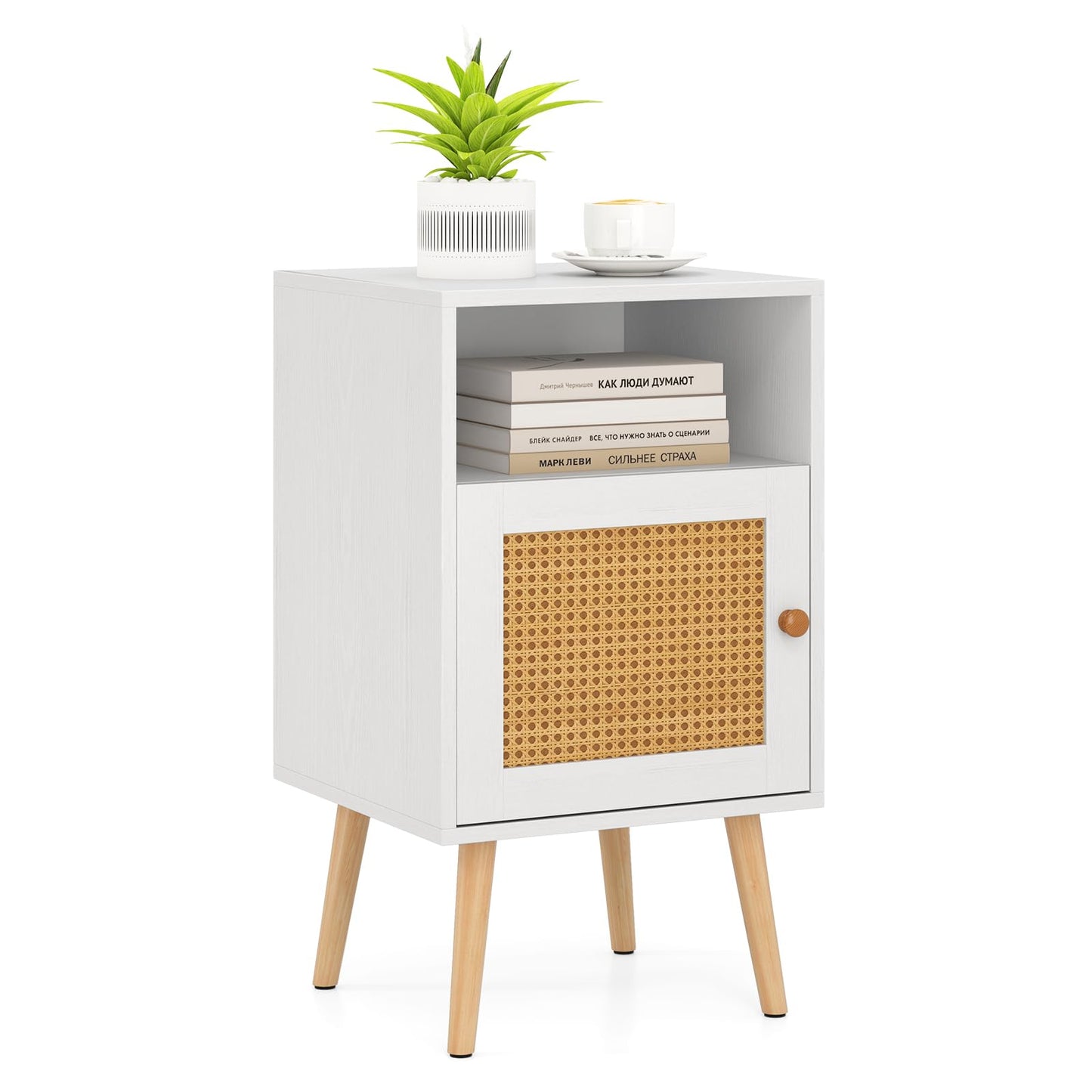 Rattan Nightstand with Storage and PE Rattan Decorated Door