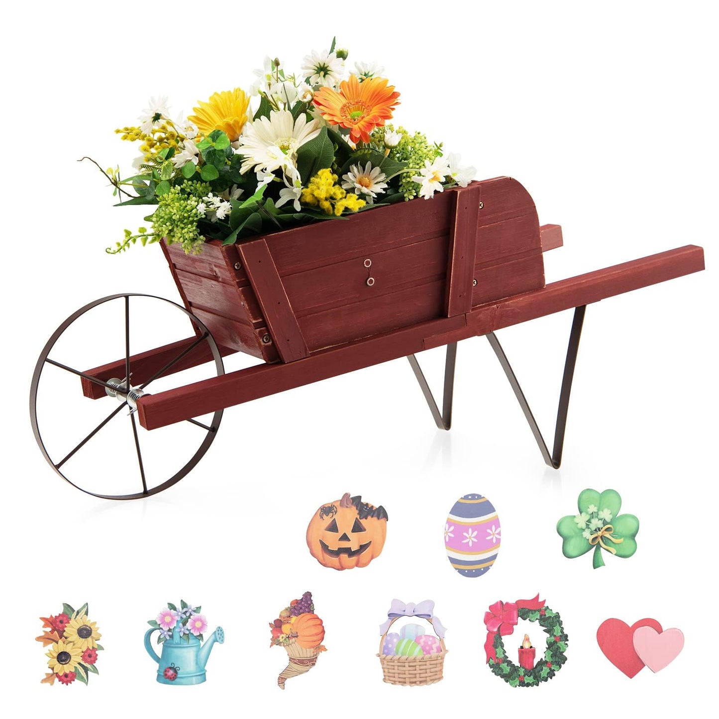 Wooden Wagon Planter Stand Wheelbarrow Flower Cart Garden Decoration