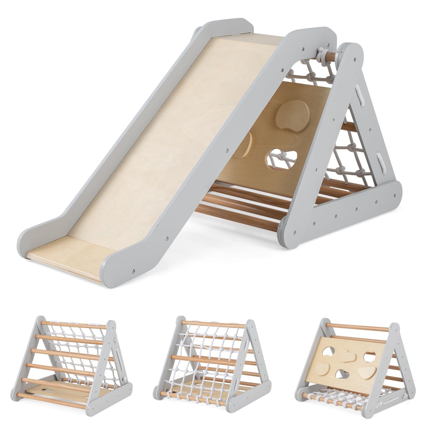 4 in 1 Wooden Triangle Climbing Set with Ramp Sliding Board