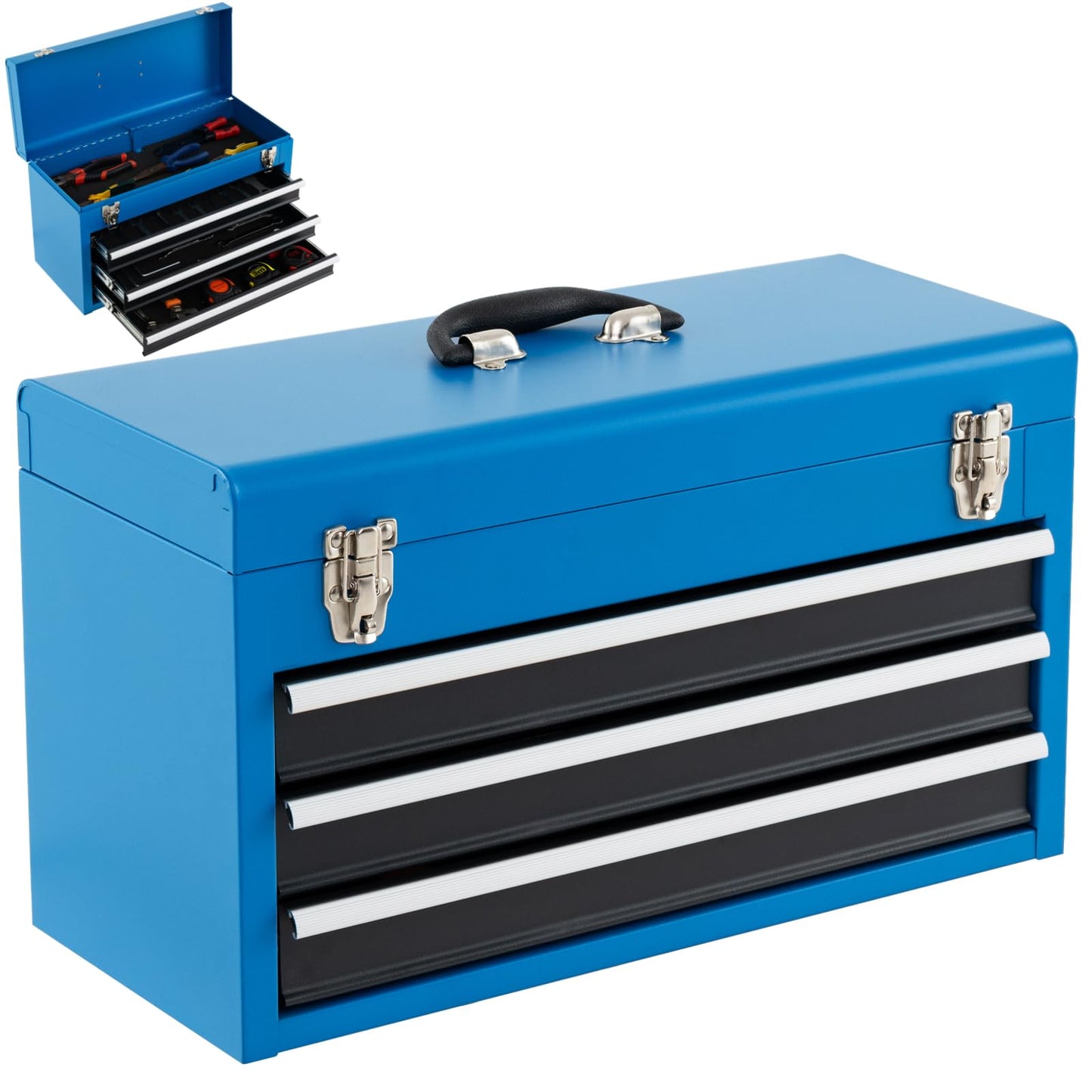 Portable Steel Tool Box with 3 Drawers and Top Storage Tray