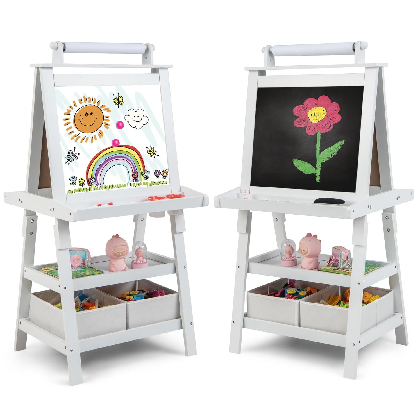 Double Sided Blackboard and Magnetic Whiteboard Easels with Paper Roll