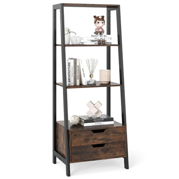 Ladder Bookshelf with Storage with 4 Open Shelves and 2 Drawers