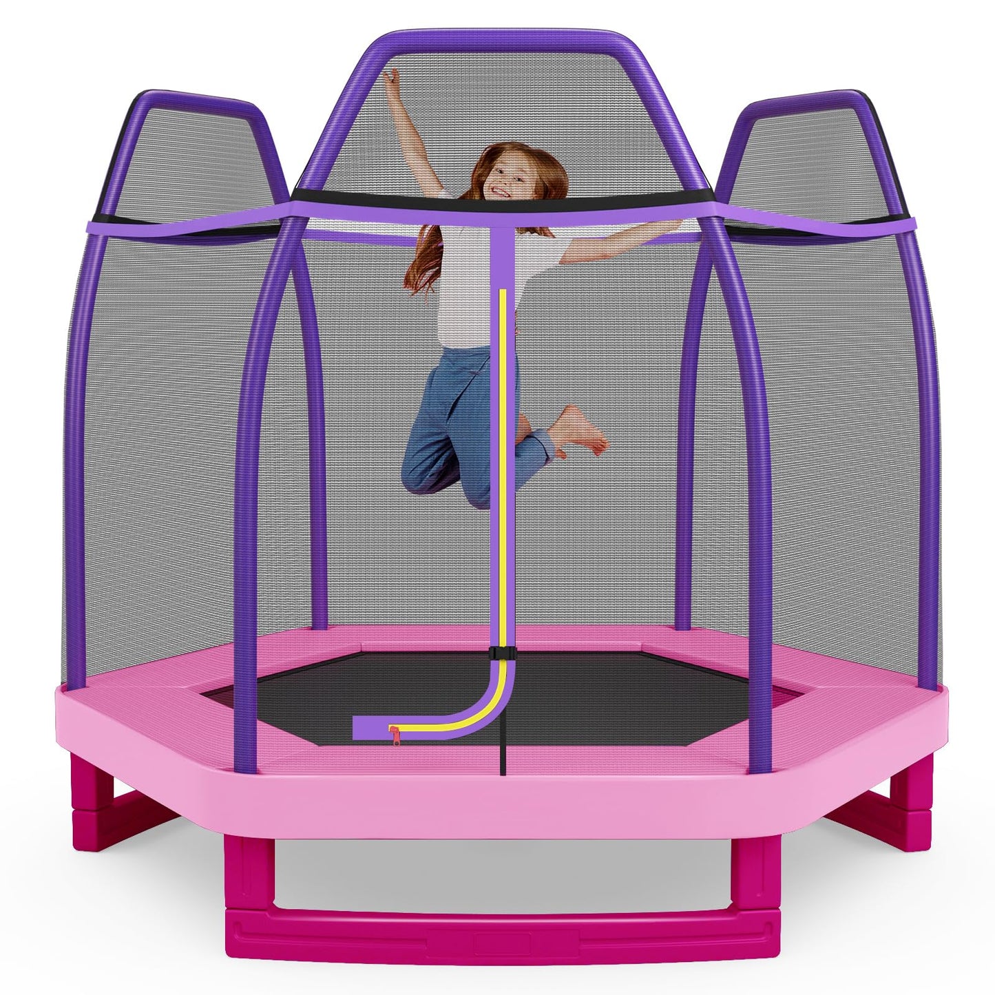 7ft Kids Trampoline  Heavy Duty Hexagonal Trampolines with Safety Enclosure Net