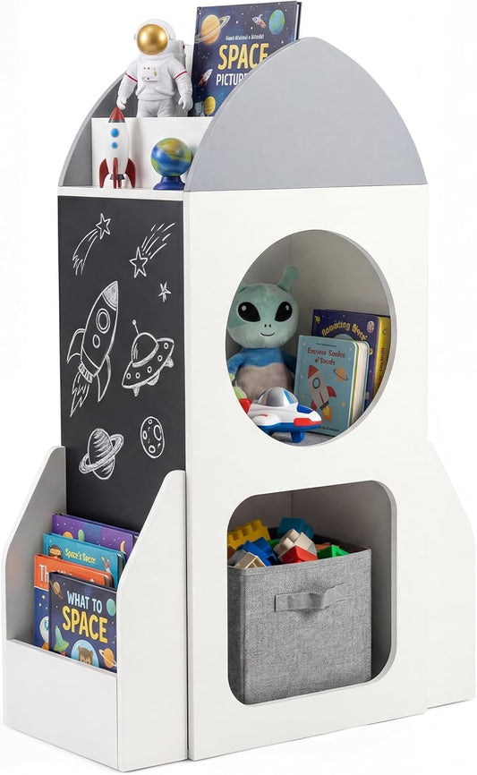 3-Tier Kids Bookshelf Rocket Space Theme Toddler Toy Storage Organizer with Chalkboard