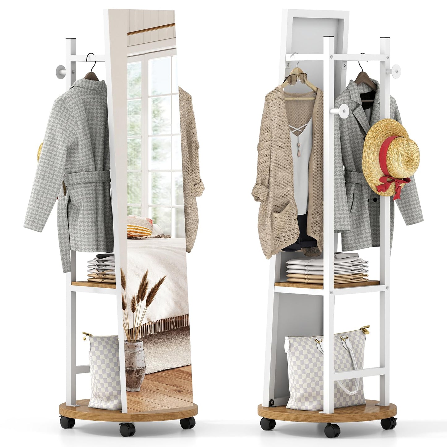 360¡ã Rotating Wood Frame Full Body Floor Mirror with Hanging Hooks