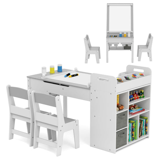 Kids Art Craft Table and Chairs Set with Paper Roll Flip up Tabletop
