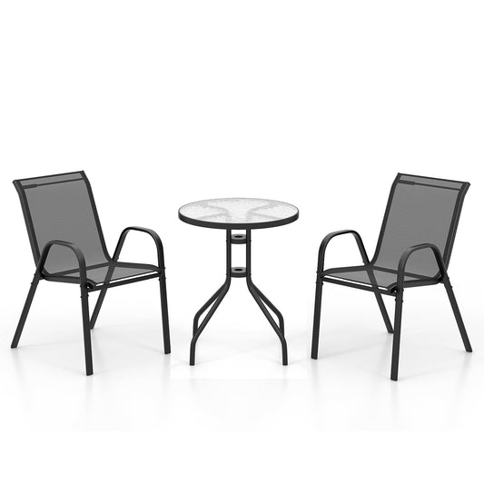 3 Pieces Outdoor Bistro Set with 2 Stackable Chairs and Round Side Table