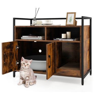 Wooden Cat Litter Box Enclosure with Compartments and Scratching Board