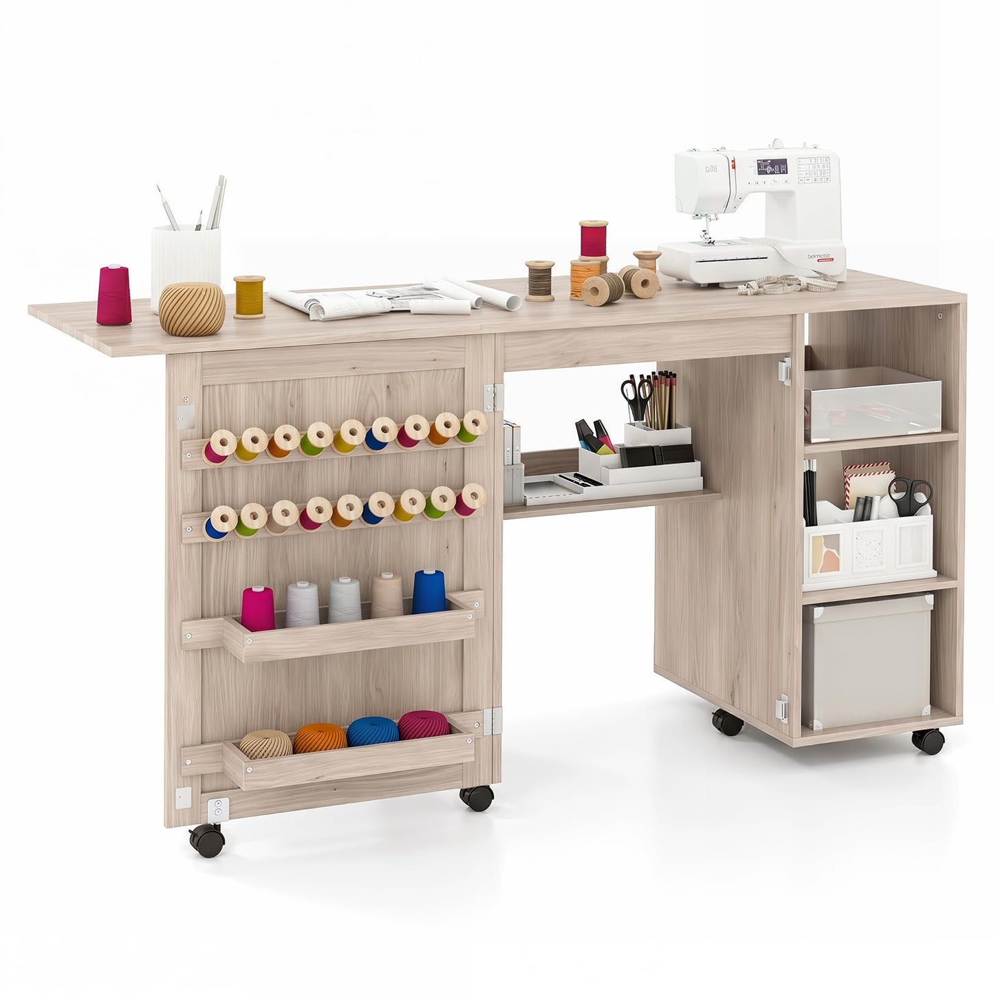 Folding Sewing Table, Rolling Craft Table Hobby Desk with Storage Shelves