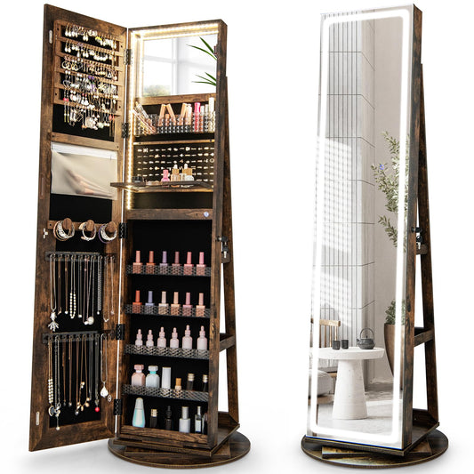 360° Swivel Jewelry Cabinet with LED Lights, Foldable Shelf