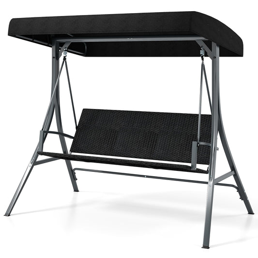 3-Person Porch Swing with Stand Adjustable Canopy Swing with Rattan Seat