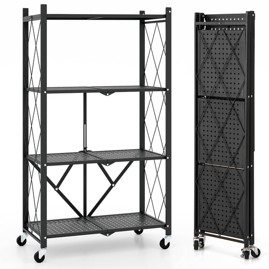 4-Tier Metal Foldable Collapsible Storage Rack with Lockable Wheels