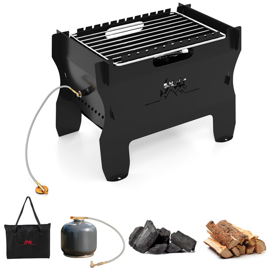 Giantex 2-in-1 Camping BBQ Grill Portable Dual Fuel Butane Gas Fire Pit with Stainless Steel Grate and Carrying Bag