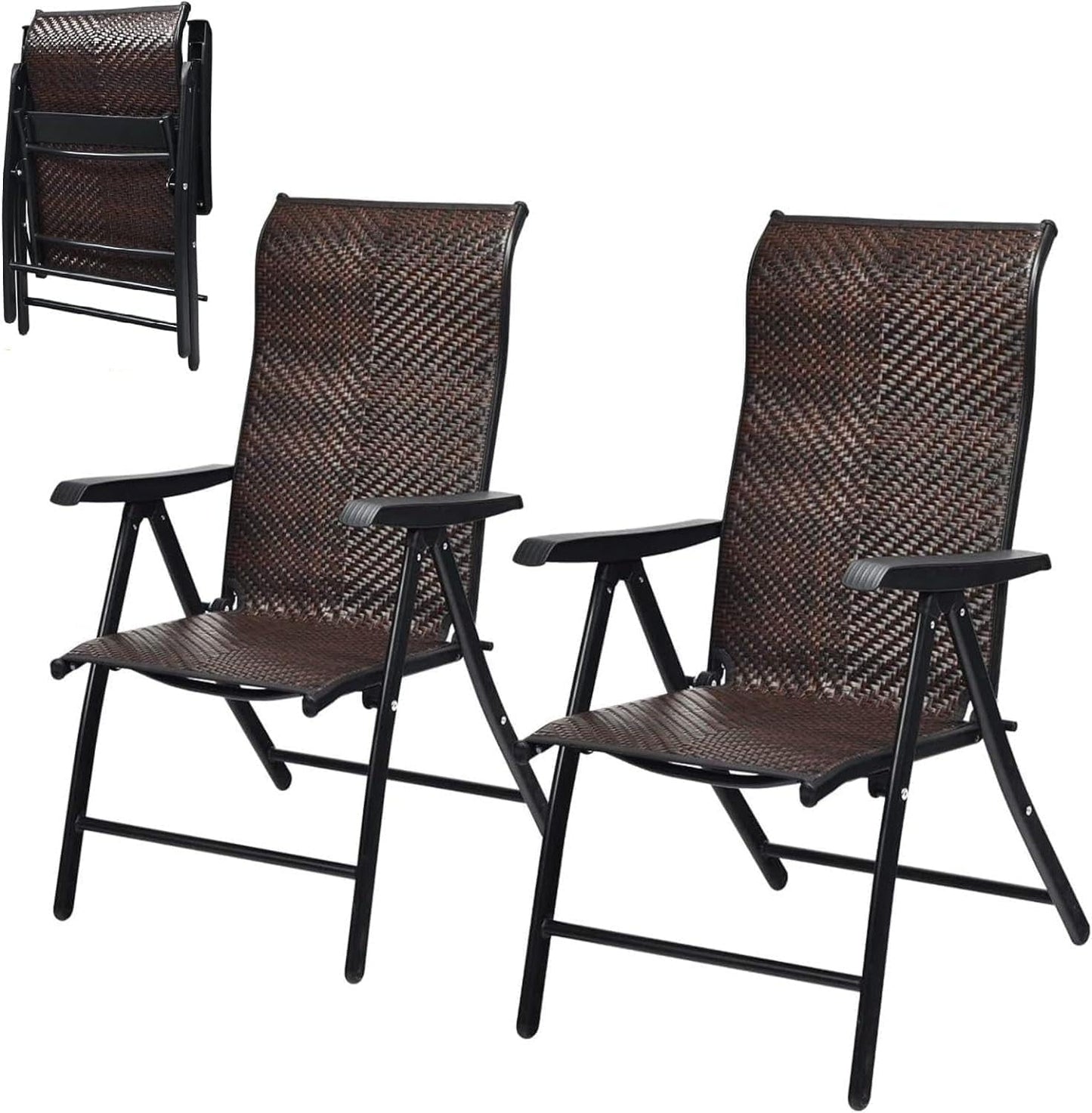 GiantexUK Set of 1/2 Reclining Folding Chairs, Patio PE Wicker Folding Chair with 5-Position Adjustable High Backrest