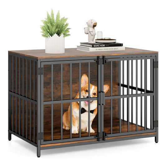 Wooden Indoor Dog Kennel with Lockable Double Doors for Small & Medium Sized Dogs