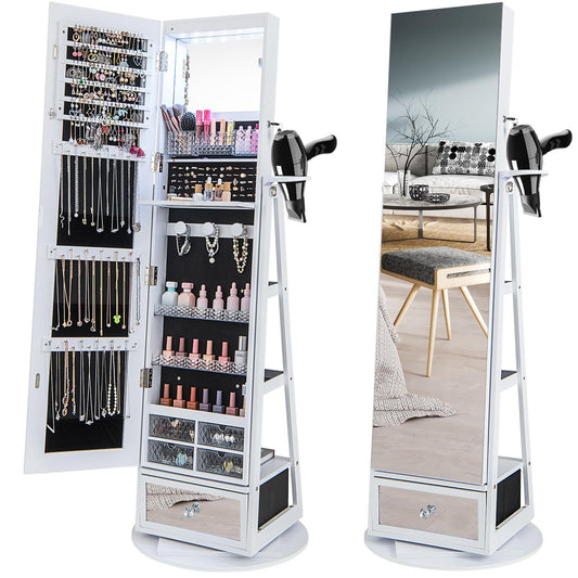 360° Swivel Lockable Jewelry Armoire Cabinet with Full-Length Mirror
