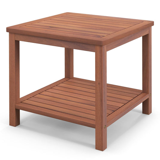 Solid Acacia Wood Outdoor Coffee Table with 2-Tier Storage Shelves
