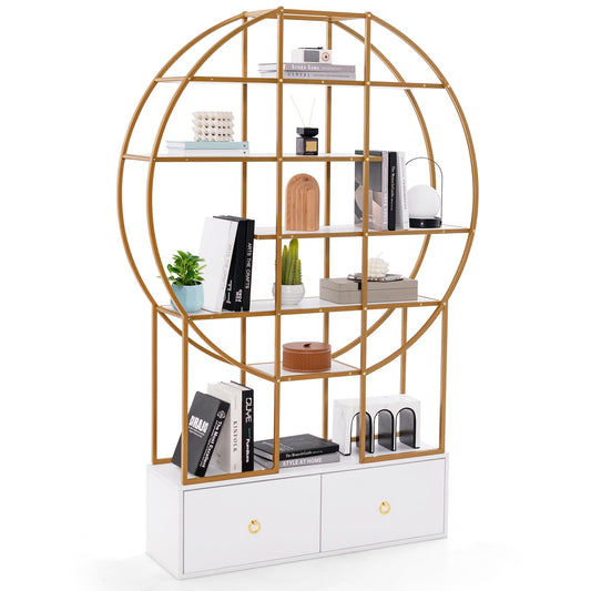 6-Tier Gold Bookshelf with 2 Storage Drawers Staggered Shelves