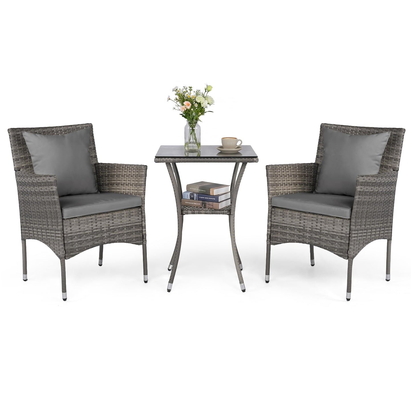 3-Piece Patio Bistro Set, PE Rattan Furniture Set with 2 Cushioned Chairs and Tempered Glass Table