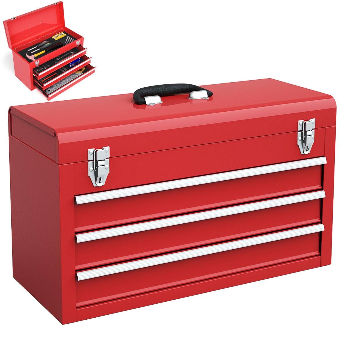 Portable Steel Tool Box with 3 Drawers and Top Storage Tray