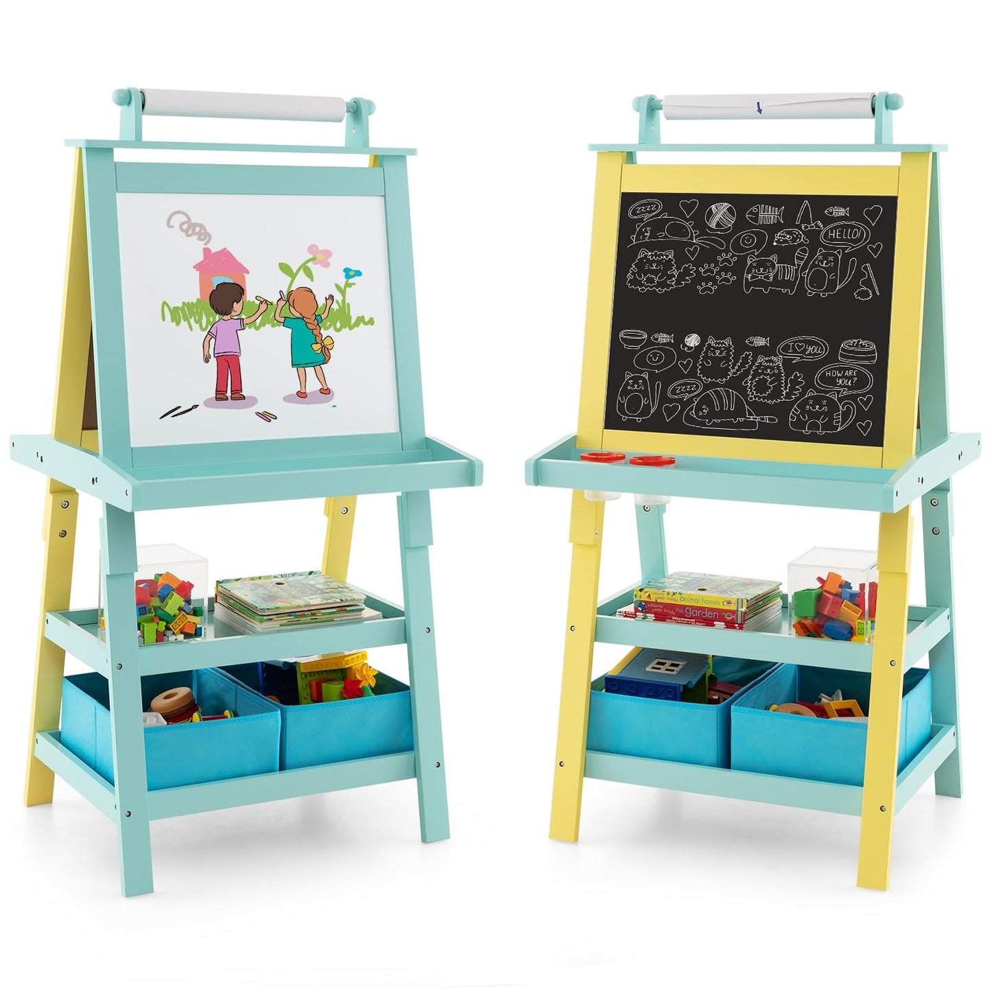 Double Sided Blackboard and Magnetic Whiteboard Easels with Paper Roll