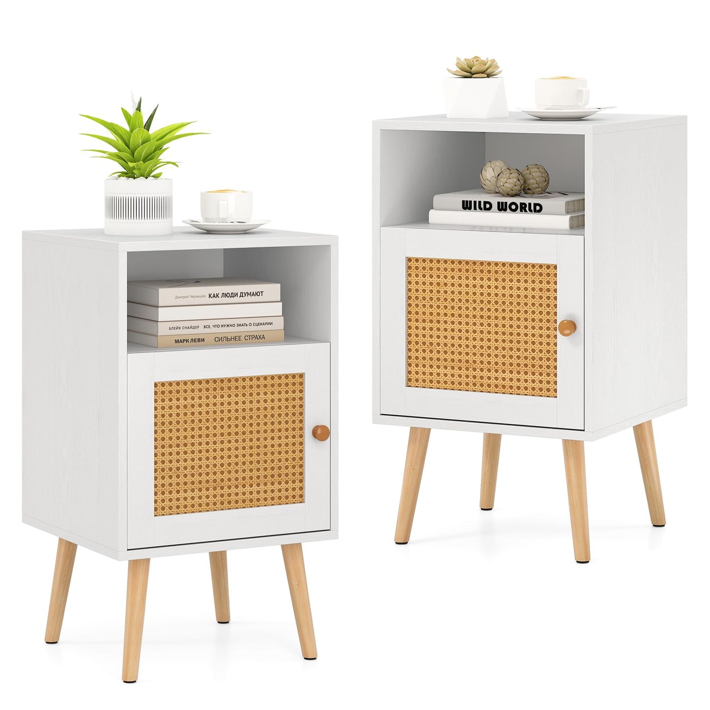 Rattan Nightstand with Storage and PE Rattan Decorated Door