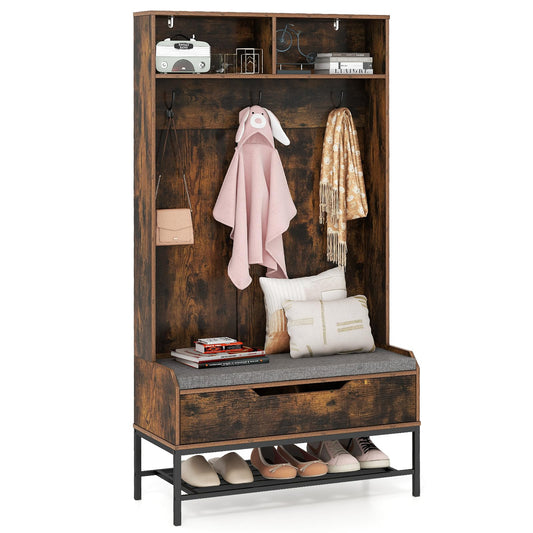 4-in-1 Coat Rack with Seat Cushion and Open Compartments