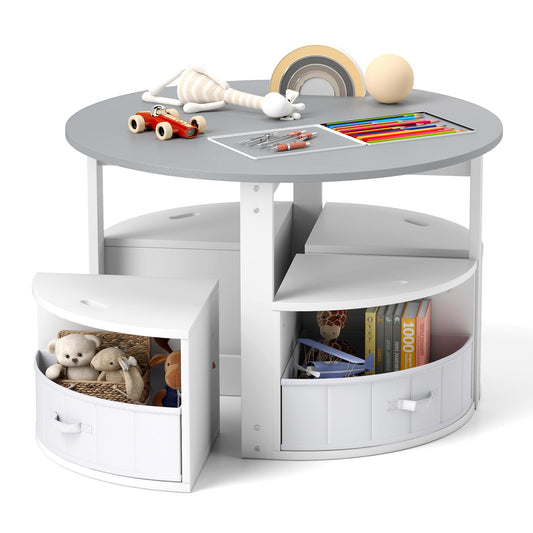 5 Piece Kids Table and Chair Set Round for 4 with 4 Fabric Drawers