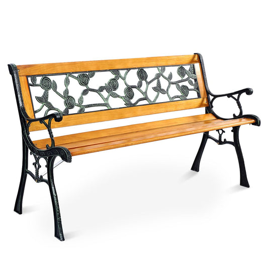 Solid Wood Slatted Seat Loveseat Park Bench Flat Back with Rose Pattern