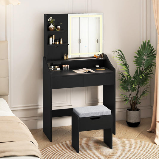 Dressing Table with LED Mirror and Cushioned Storage Stool
