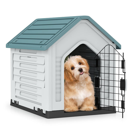 Plastic Dog House, Indoor Outdoor Pet Shelter with Metal Lockable Door