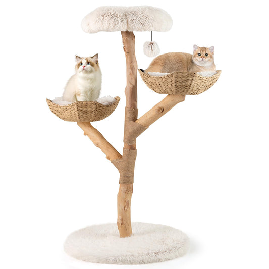 122 CM Tall Real Wood Branch Kitten Tower with Flower Perch and 2 Wicker Baskets