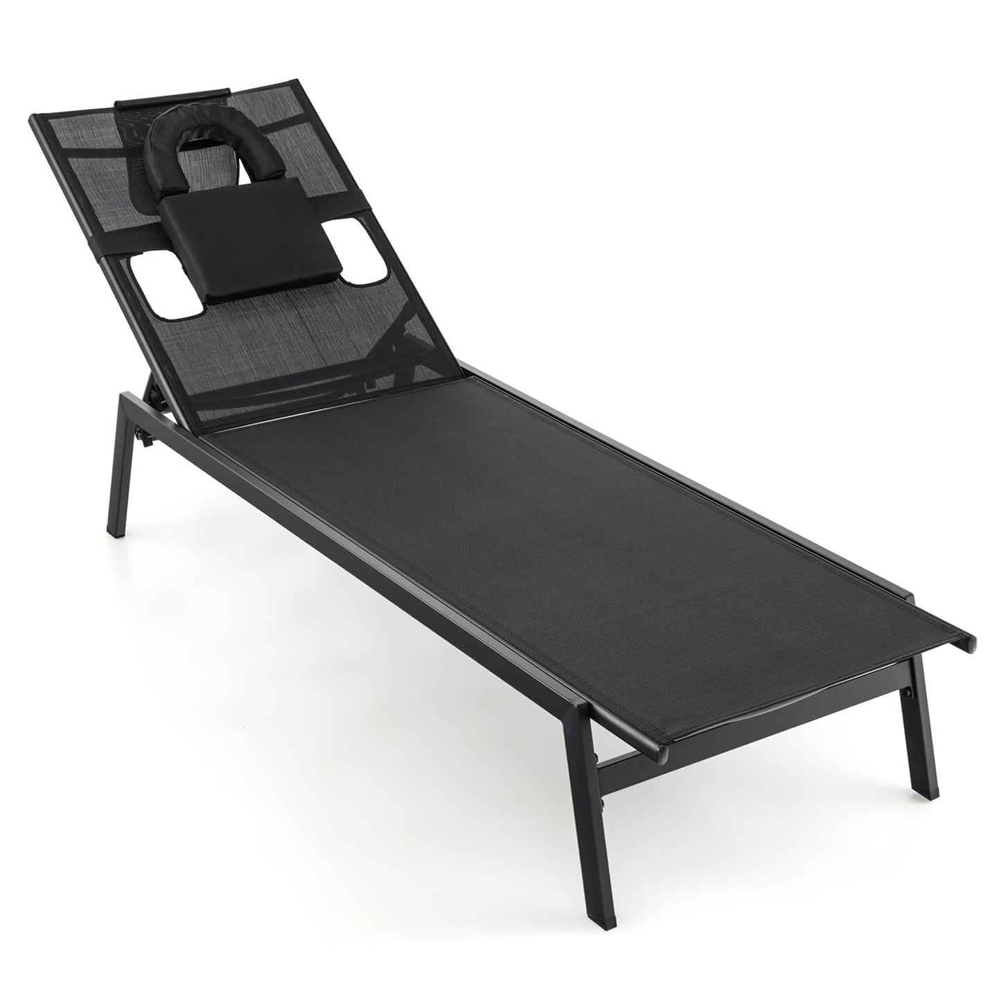 5 Positions Adjustable Chaise Lounge Deck Sunbed with Detachable Head Pillows