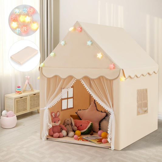 Kids Large Tent with Washable Mat and Star Lights for Children Gift