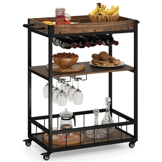 Home Bar Cart on Wheels Kitchen Serving Cart with Removable Tray