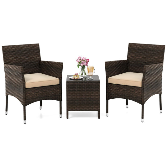 3 Pieces Patio Rattan Furniture Set with Soft Cushions and Glass Top Table